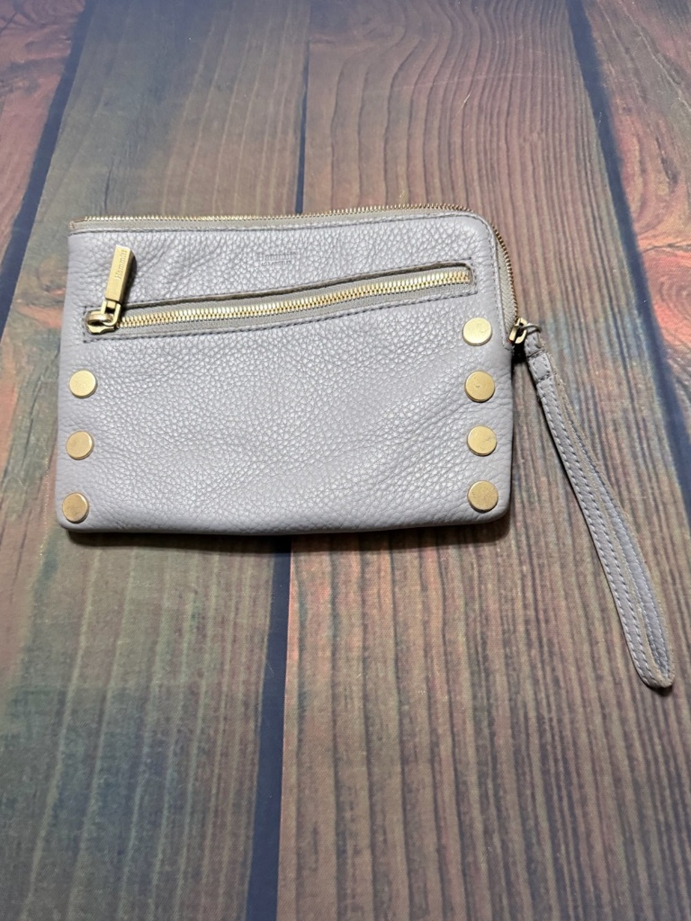 Hammitt Gray Pebbled Leather Wristlet with Gold Studs